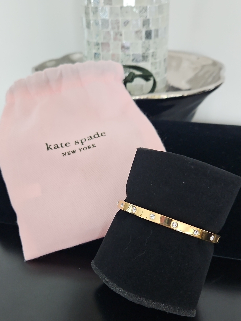 kate spade Gold W/ Rhinestones Bangle Bracelet, Hinge Clasp, EC, Includes Dusty - Picture 7 of 8